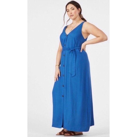 Justfab NWT Plus Size 1X Coastal Boho Vacation Blue Button Front Maxi Dress - Picture 4 of 11